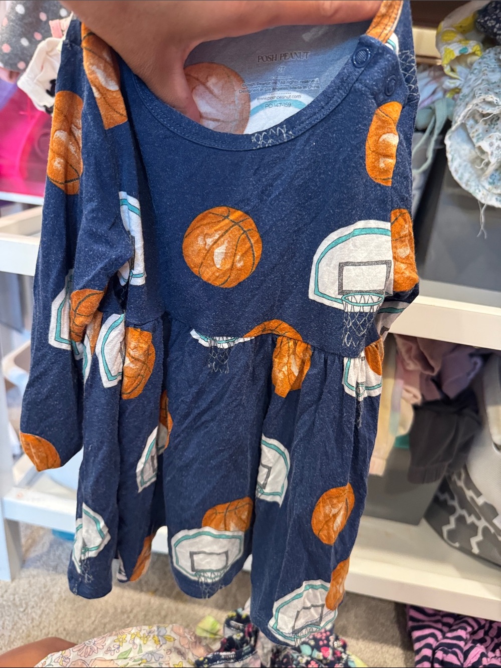 Posh Peanut Navy Orange Basketball Print Long Sleeve baby Dress